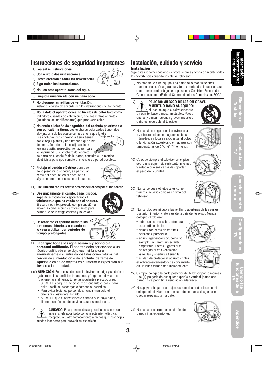 Instrucciones de seguridad importantes, Instalación, cuidado y servicio | Toshiba 26DF56 User Manual | Page 43 / 80