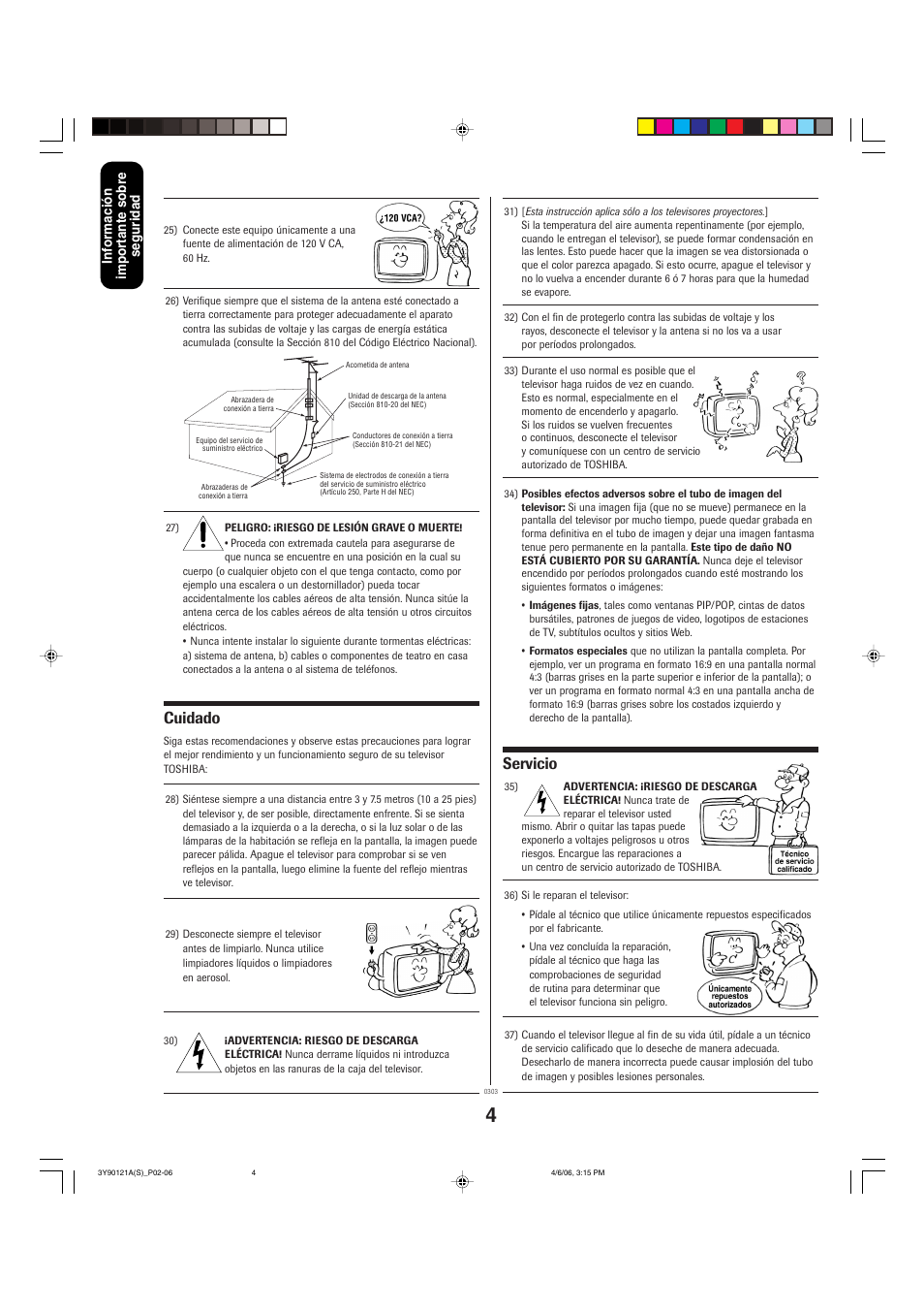 Servicio, Cuidado, Información importante sobre seguridad | Toshiba 26DF56 User Manual | Page 44 / 80