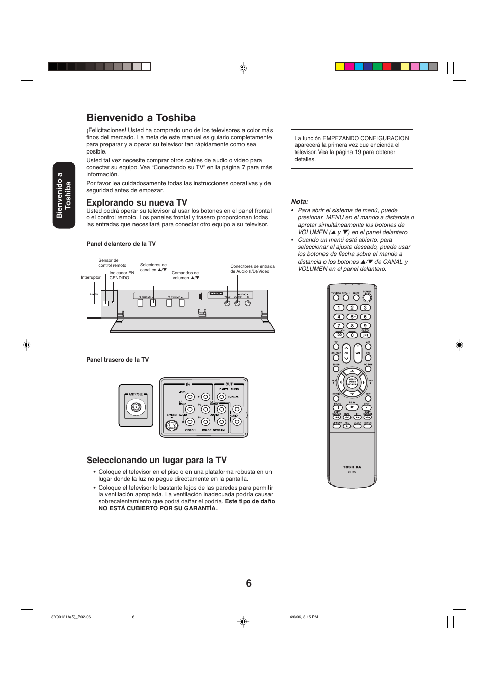 Bienvenido a toshiba, Explorando su nueva tv, Seleccionando un lugar para la tv | Toshiba 26DF56 User Manual | Page 46 / 80