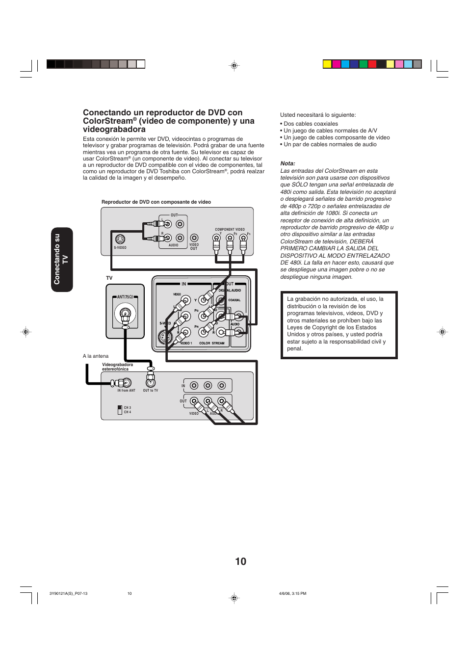 Conectando un reproductor de dvd con colorstream, Video de componente) y una videograbadora, Conectando su tv | Toshiba 26DF56 User Manual | Page 50 / 80