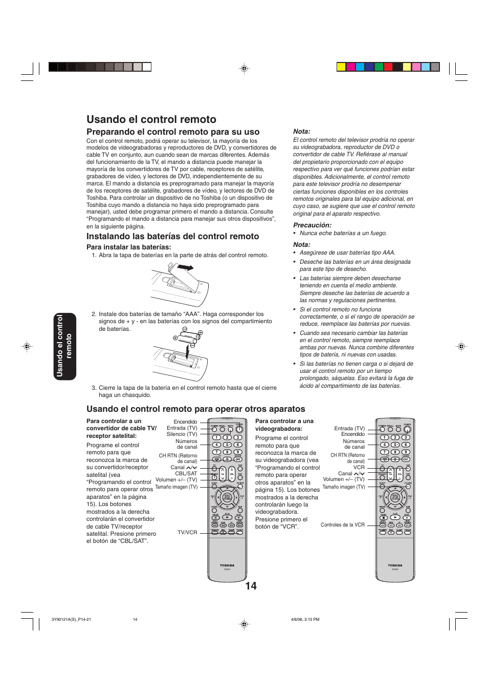 14 usando el control remoto, Preparando el control remoto para su uso, Instalando las baterías del control remoto | Toshiba 26DF56 User Manual | Page 54 / 80