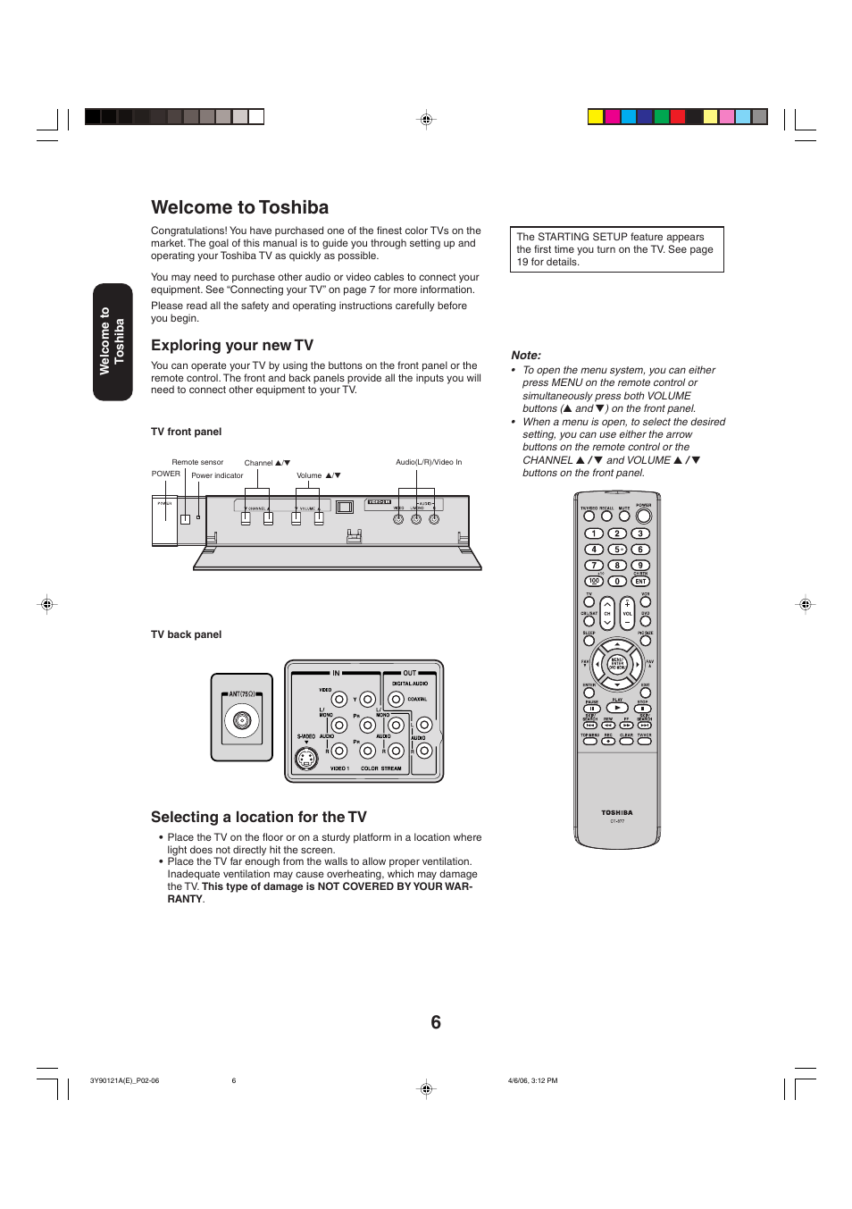 Welcome to toshiba, Selecting a location for the tv, Exploring your new tv | Toshiba 26DF56 User Manual | Page 6 / 80