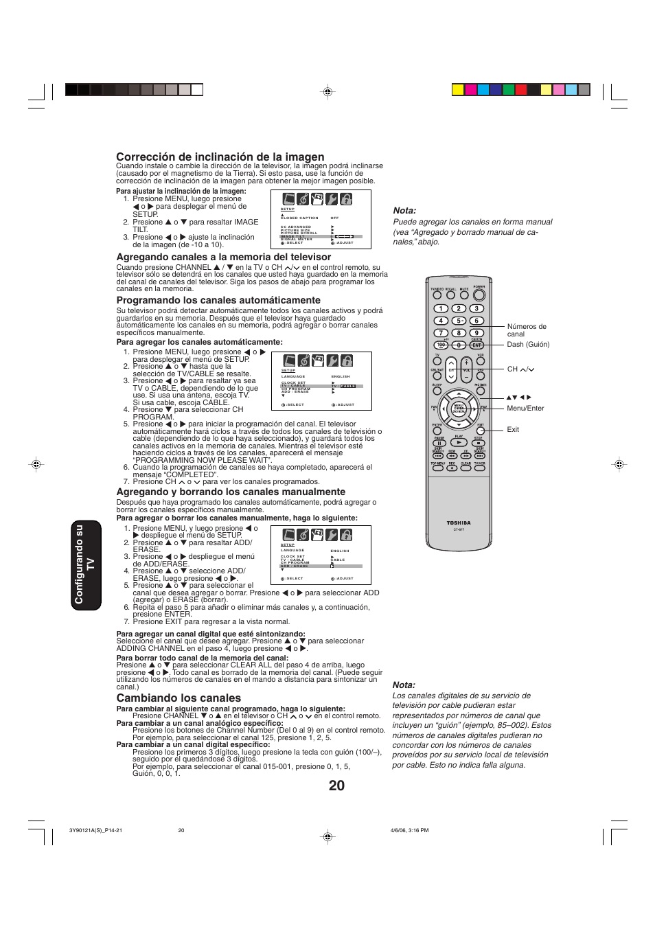 Cambiando los canales, Corrección de inclinación de la imagen, Programando los canales automáticamente | Agregando y borrando los canales manualmente, Configurando su tv | Toshiba 26DF56 User Manual | Page 60 / 80