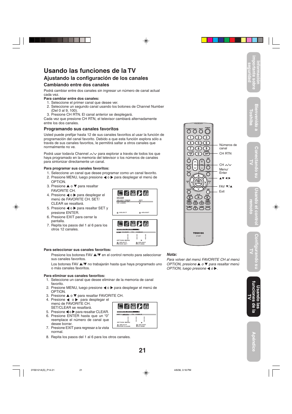 Ajustando la configuración de los canales, Cambiando entre dos canales, Usando las funciones de la tv | Programando sus canales favoritos, Nota | Toshiba 26DF56 User Manual | Page 61 / 80