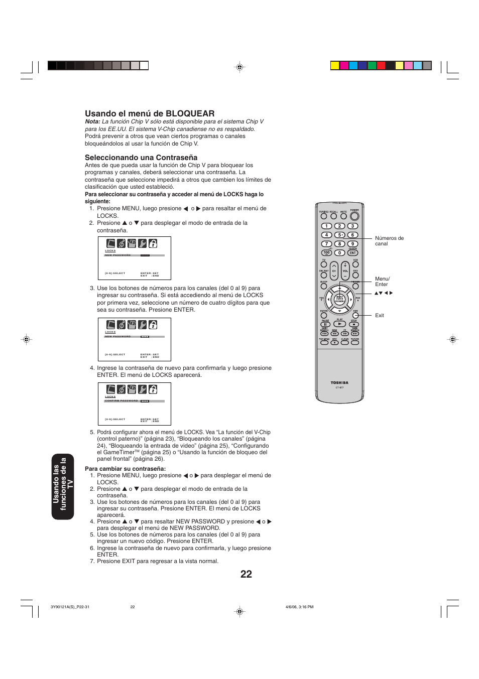 Usando el menú de bloquear, Seleccionando una contraseña, Usando las funciones de la tv | Toshiba 26DF56 User Manual | Page 62 / 80