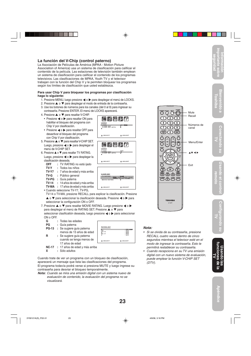 La función del v-chip (control paterno), Nota | Toshiba 26DF56 User Manual | Page 63 / 80