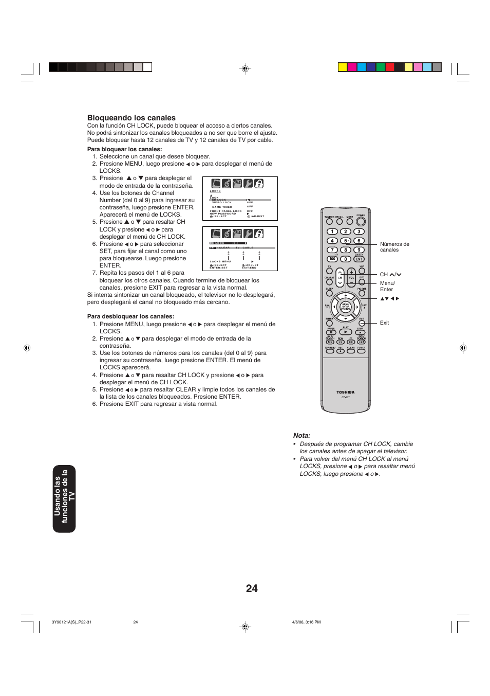 Bloqueando los canales, Usando las funciones de la tv, Nota | Toshiba 26DF56 User Manual | Page 64 / 80