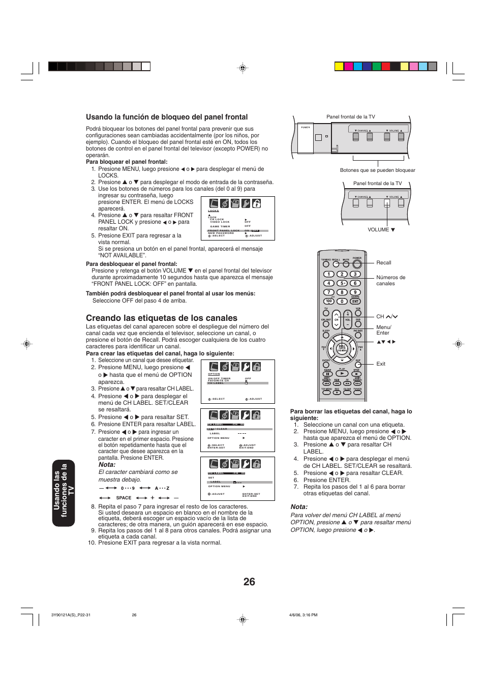 Creando las etiquetas de los canales, Usando la función de bloqueo del panel frontal, Usando las funciones de la tv | Nota | Toshiba 26DF56 User Manual | Page 66 / 80