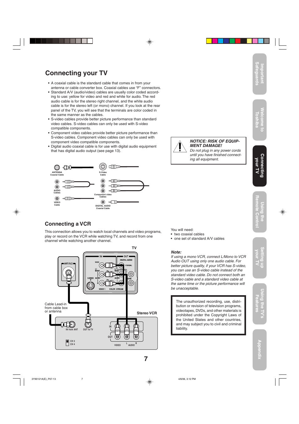 Connecting your tv, Connecting a vcr | Toshiba 26DF56 User Manual | Page 7 / 80