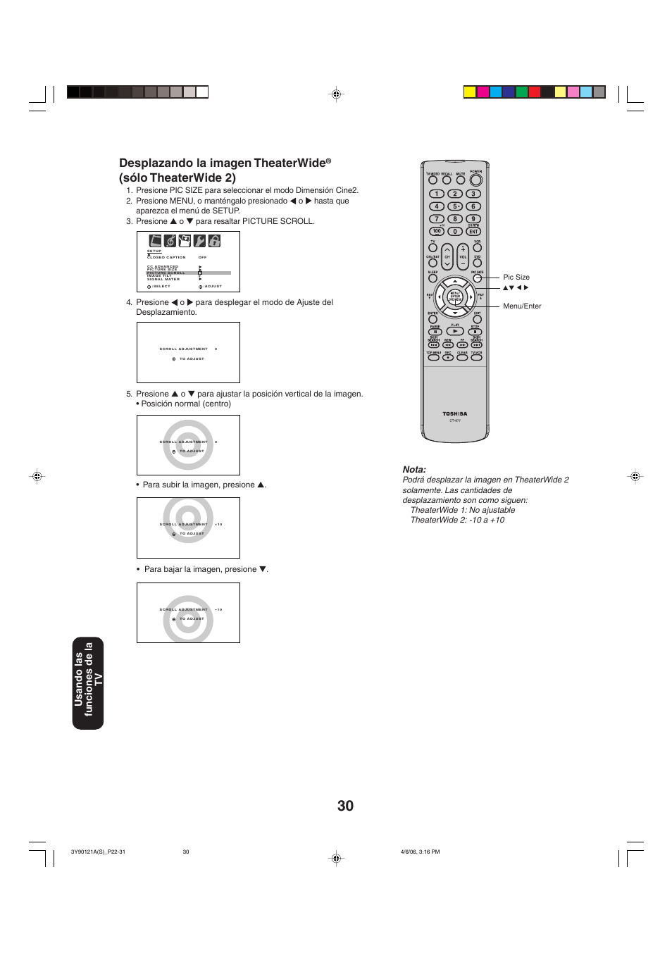 Desplazando la imagen theaterwide, Sólo theaterwide 2), Usando las funciones de la tv | Nota | Toshiba 26DF56 User Manual | Page 70 / 80