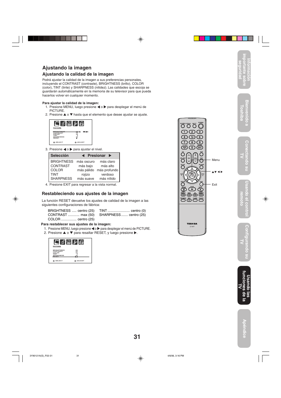 Ajustando la imagen, Ajustando la calidad de la imagen, Restableciendo sus ajustes de la imagen | Toshiba 26DF56 User Manual | Page 71 / 80