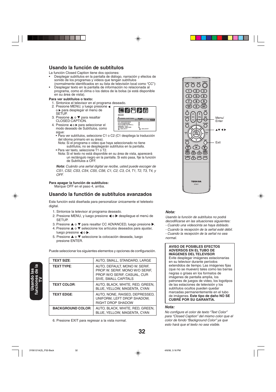 Usando la functión de subtítulos avanzados, Usando la función de subtítulos, Usando las funciones de la tv | Toshiba 26DF56 User Manual | Page 72 / 80