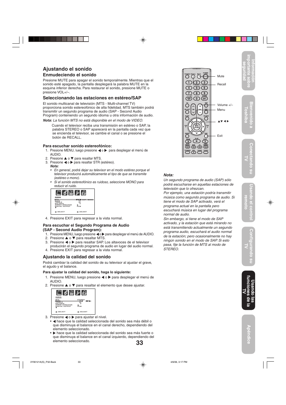 Ajustando el sonido, Ajustando la calidad del sonido, Enmudeciendo el sonido | Seleccionando las estaciones en estéreo/sap, Usando las funciones de la tv | Toshiba 26DF56 User Manual | Page 73 / 80