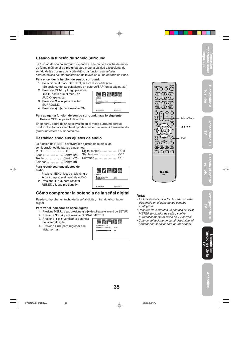 Cómo comprobar la potencia de la señal digital, Usando la función de sonido surround, Restableciendo sus ajustes de audio | Usando las funciones de la tv | Toshiba 26DF56 User Manual | Page 75 / 80