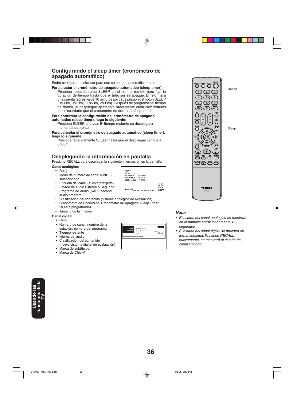 Desplegando la información en pantalla, Usando las funciones de la tv, Nota | Toshiba 26DF56 User Manual | Page 76 / 80