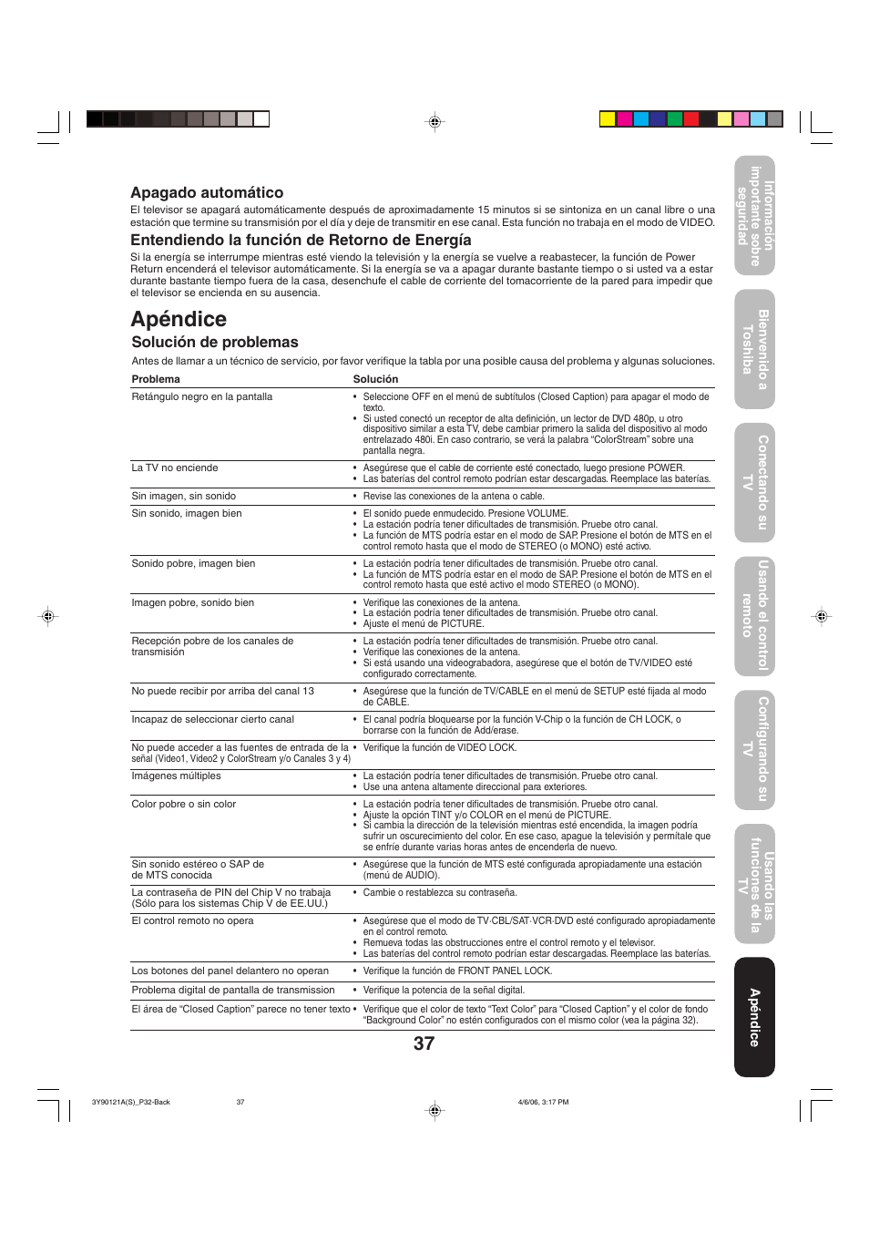 Apéndice, Solución de problemas, Apagado automático | Entendiendo la función de retorno de energía | Toshiba 26DF56 User Manual | Page 77 / 80