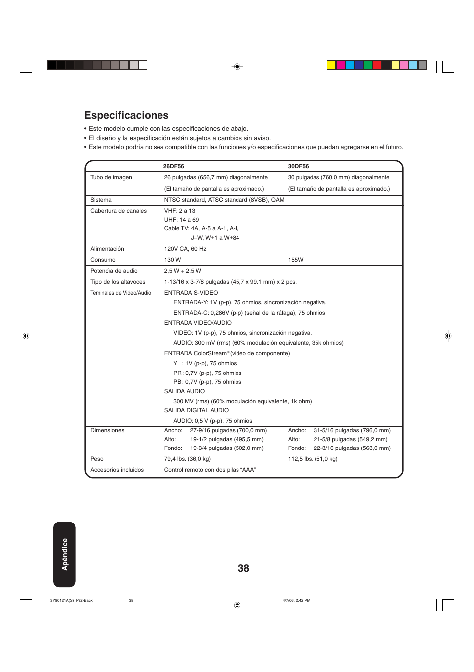 Especificaciones | Toshiba 26DF56 User Manual | Page 78 / 80