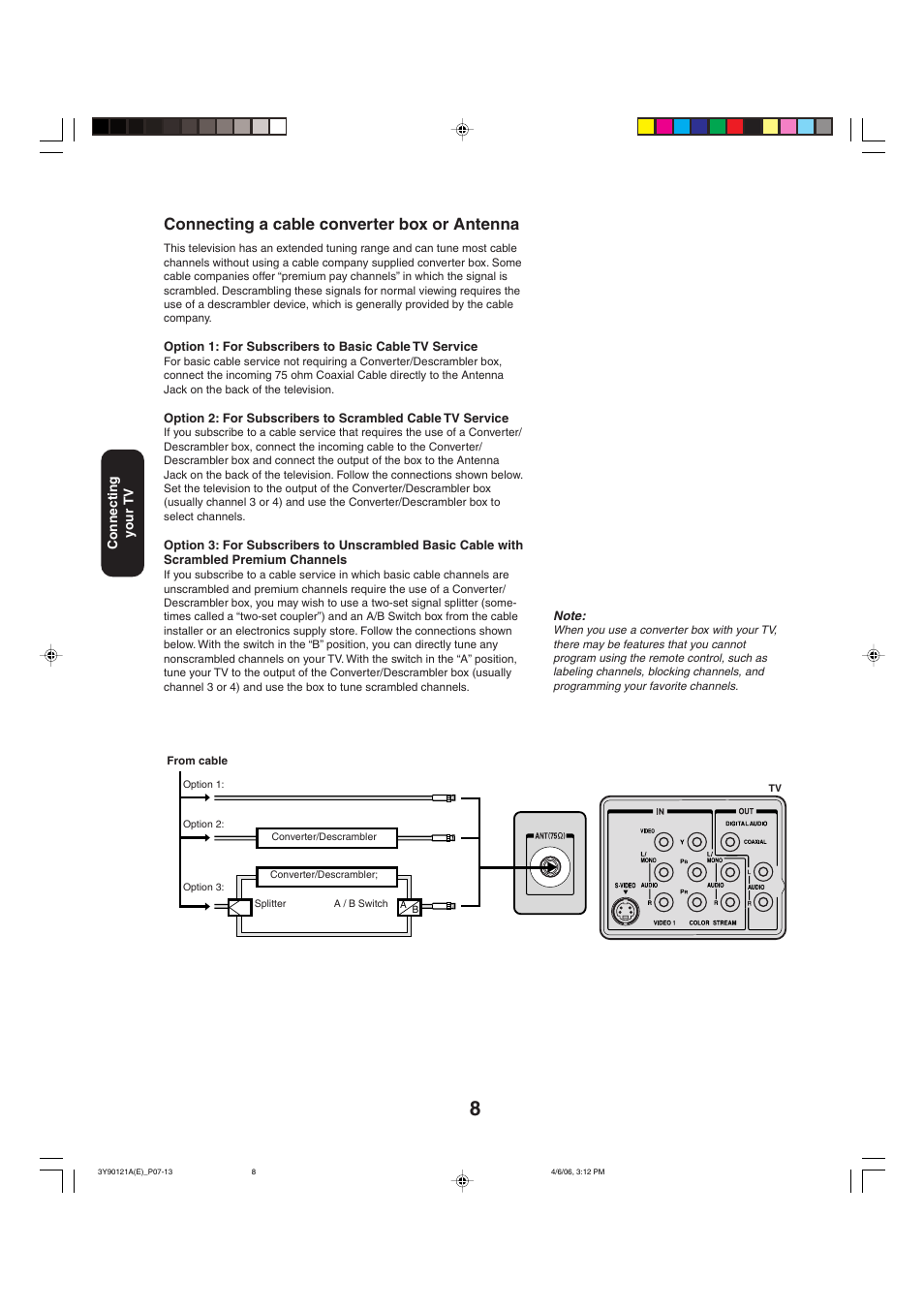 Connecting a cable converter box or antenna | Toshiba 26DF56 User Manual | Page 8 / 80
