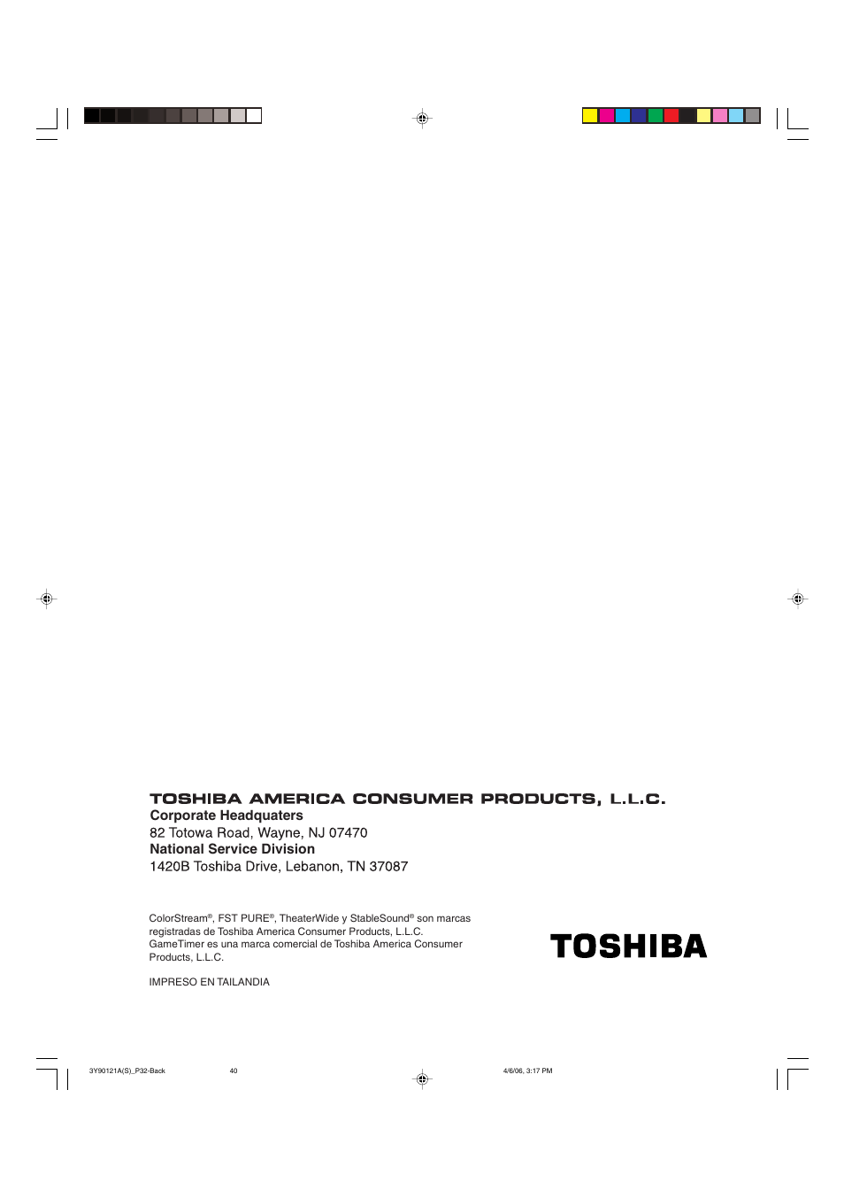 National service division corporate headquaters | Toshiba 26DF56 User Manual | Page 80 / 80