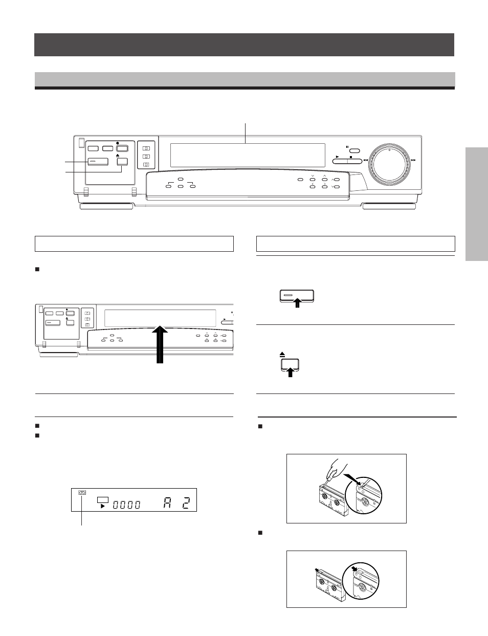 Loading and unloading a video cassette, Loading a cassette, Unloading a cassette | Safety tab, Cassette indicator, Turn the power on, Press the eject button, 1 2 cassette compartment | Toshiba KV-7960A User Manual | Page 23 / 52