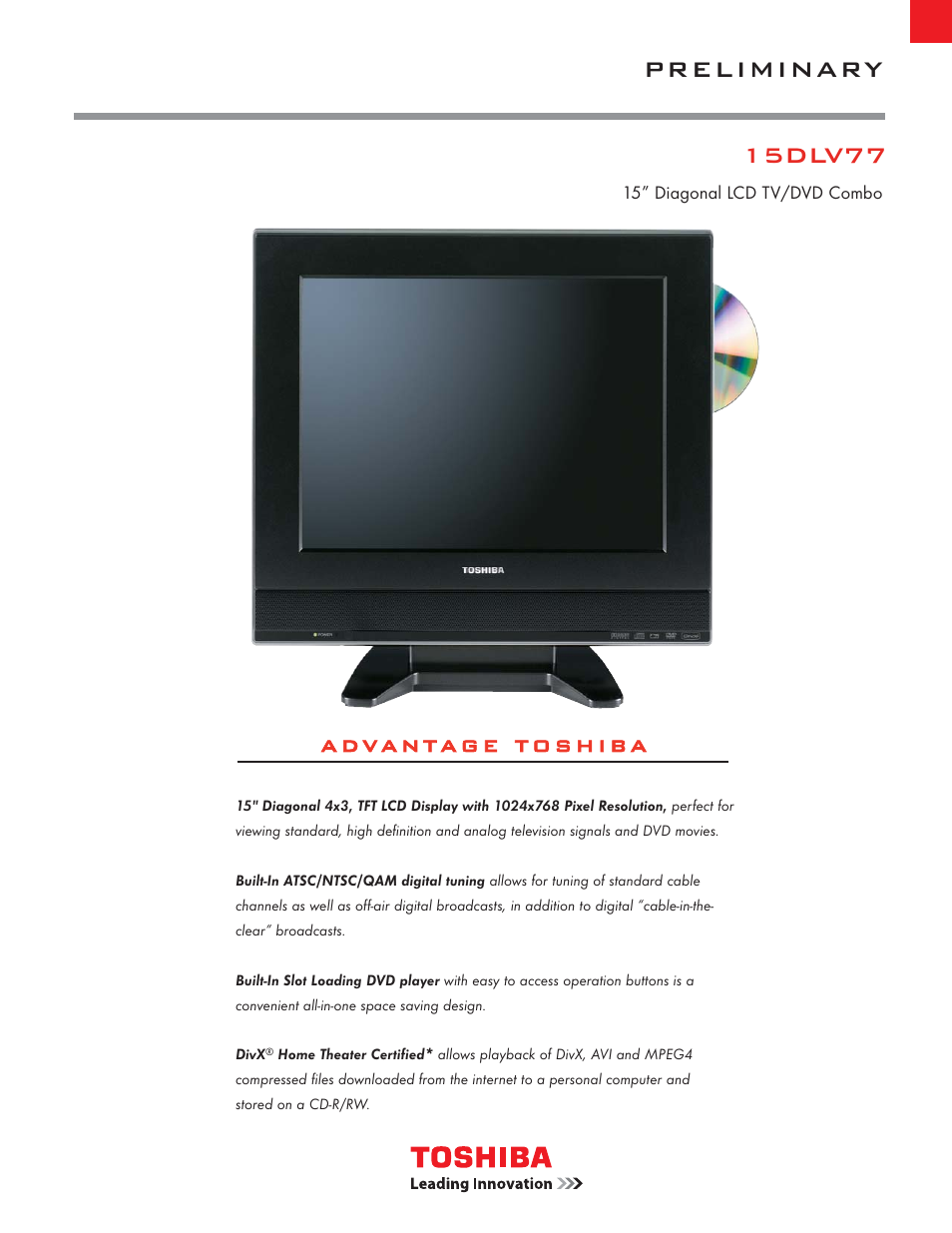 Toshiba 15DLV77 User Manual | 2 pages