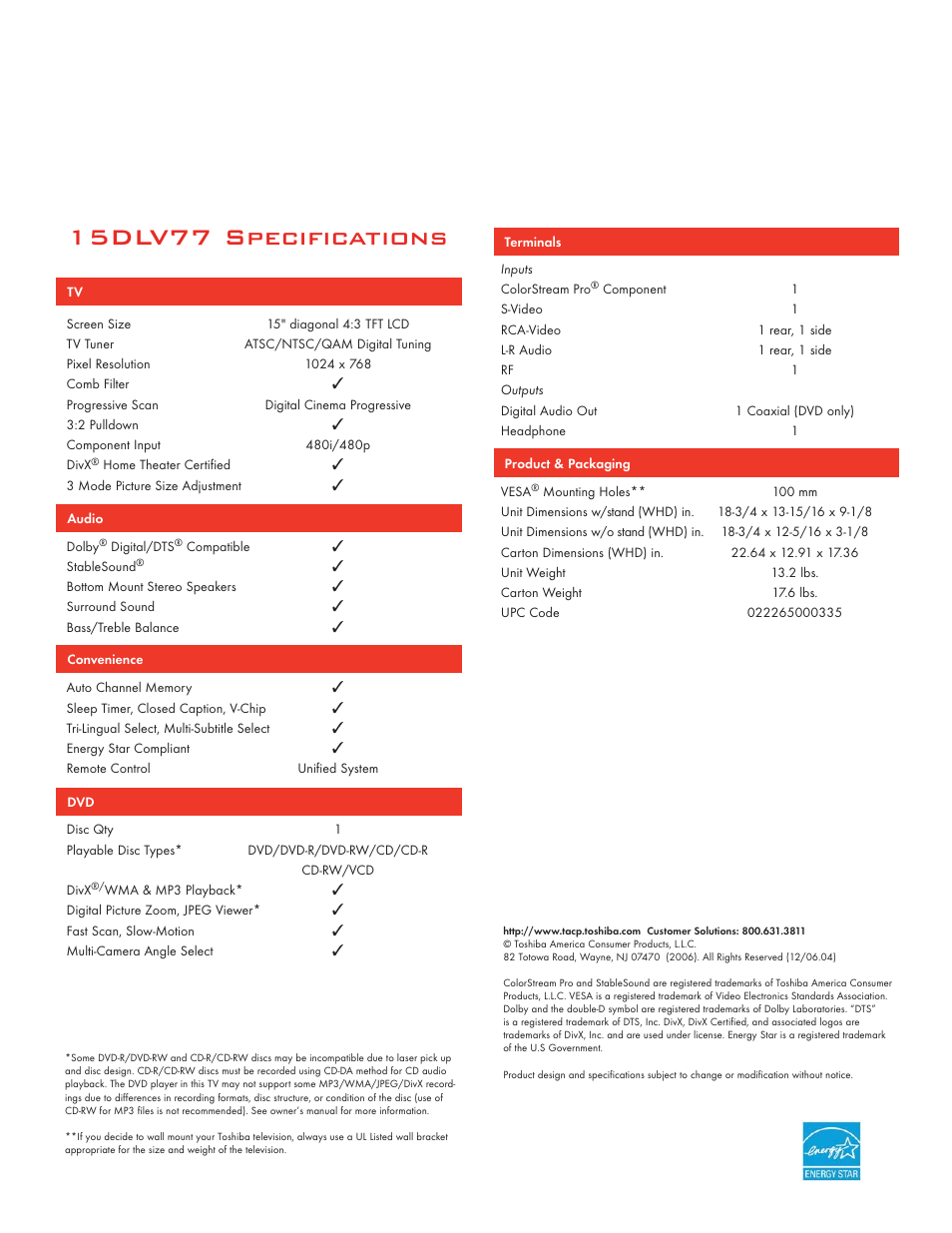 15dlv77 specifications | Toshiba 15DLV77 User Manual | Page 2 / 2