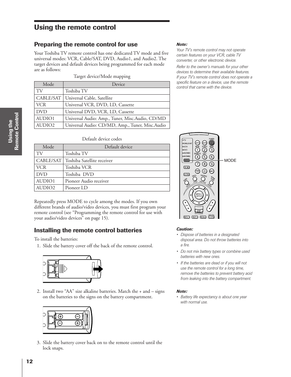 Using the remote control, Preparing for use, Preparing the remote control for use | Installing the remote control batteries | Toshiba 43HX71 User Manual | Page 12 / 56