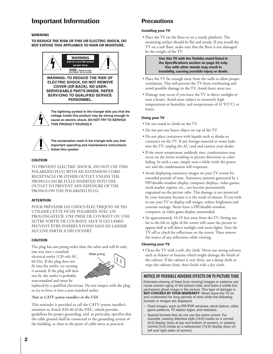 Precautions, Important information | Toshiba 43HX71 User Manual | Page 2 / 56