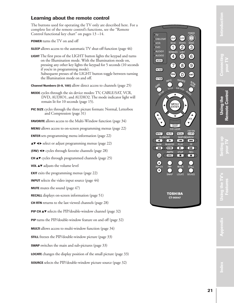 Learning about the remote control | Toshiba 43HX71 User Manual | Page 21 / 56