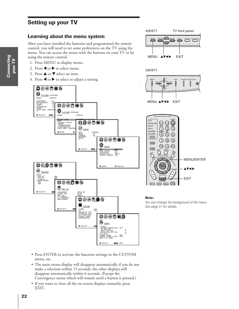 Setting up your tv, Learning about the menu system, Menu yzx • exit yzx • exit menu/enter | Toshiba 43HX71 User Manual | Page 22 / 56