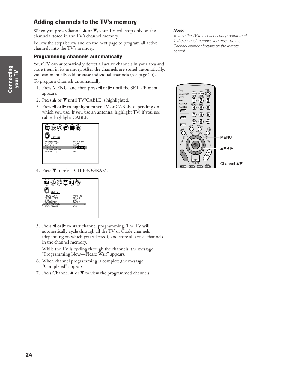 Adding channels to the tv's memory, Programming channels automatically | Toshiba 43HX71 User Manual | Page 24 / 56