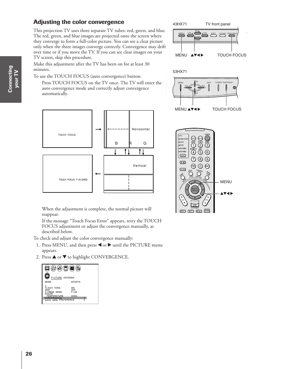 Adjusting the color convergence | Toshiba 43HX71 User Manual | Page 26 / 56