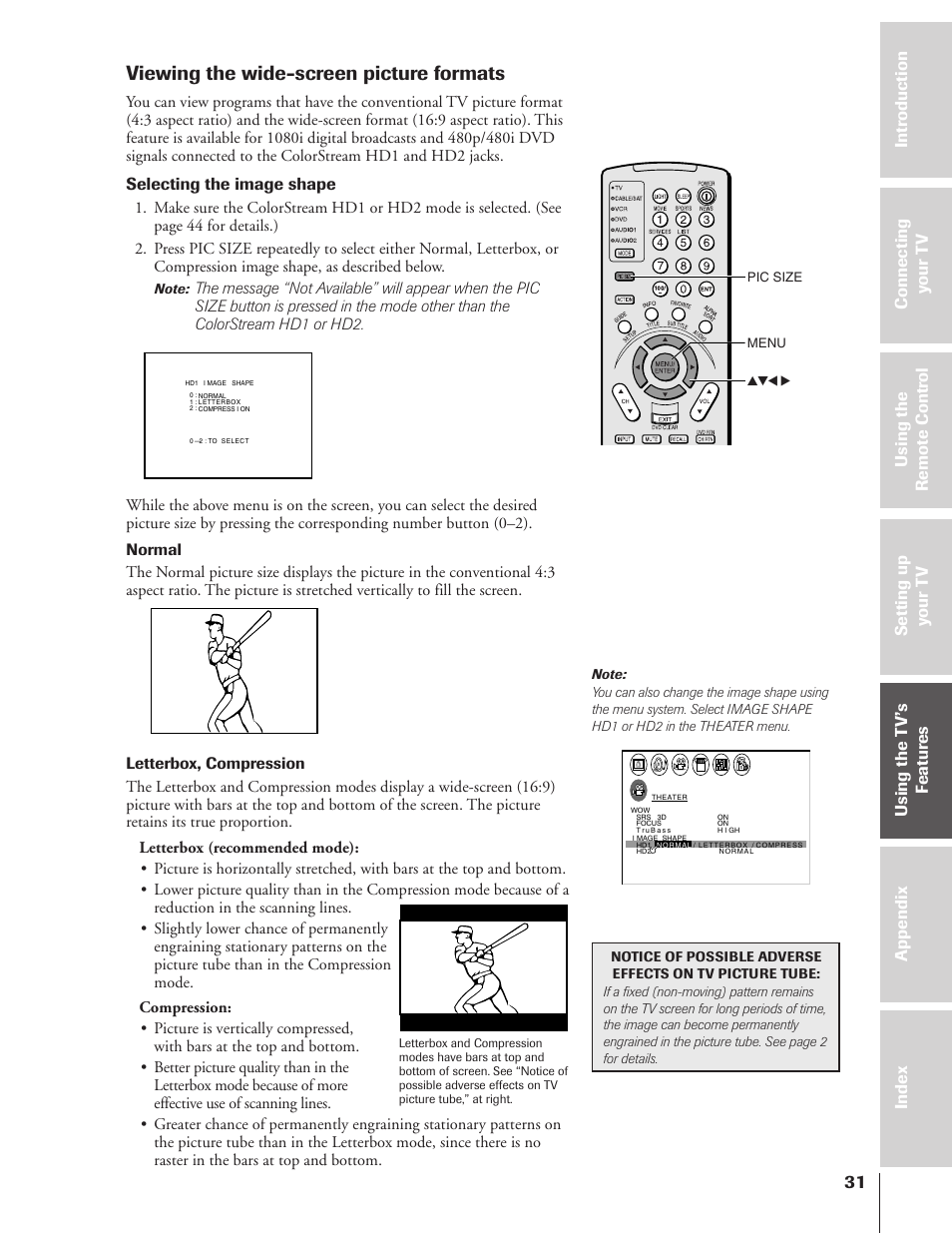 Viewing the wide-screen picture formats, Selecting the image shape | Toshiba 43HX71 User Manual | Page 31 / 56