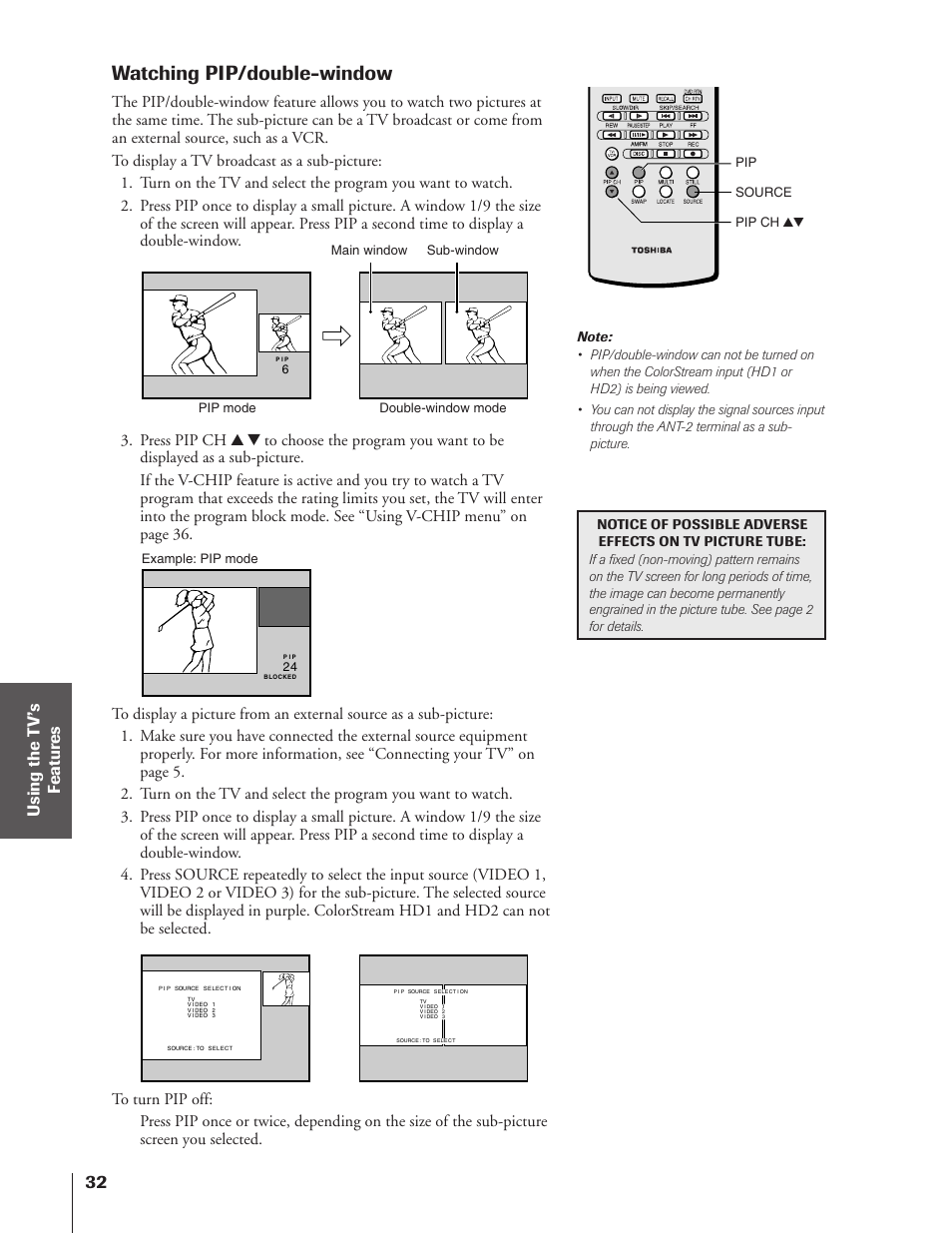 Watching pip/double window, Watching pip/double-window | Toshiba 43HX71 User Manual | Page 32 / 56
