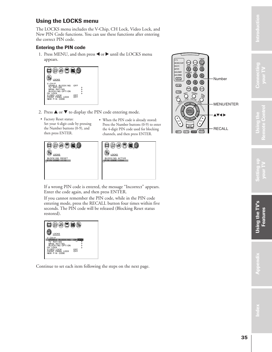 Using the locks menu, Entering the pin code, Press y or z to display the pin code entering mode | Toshiba 43HX71 User Manual | Page 35 / 56