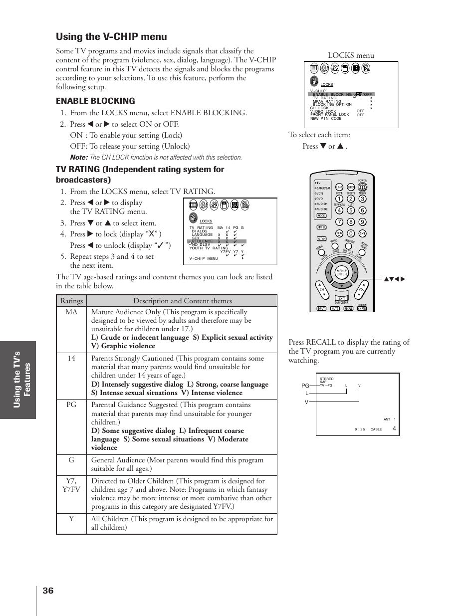 V-chip menu, Using the v-chip menu, Enable blocking | Locks menu | Toshiba 43HX71 User Manual | Page 36 / 56