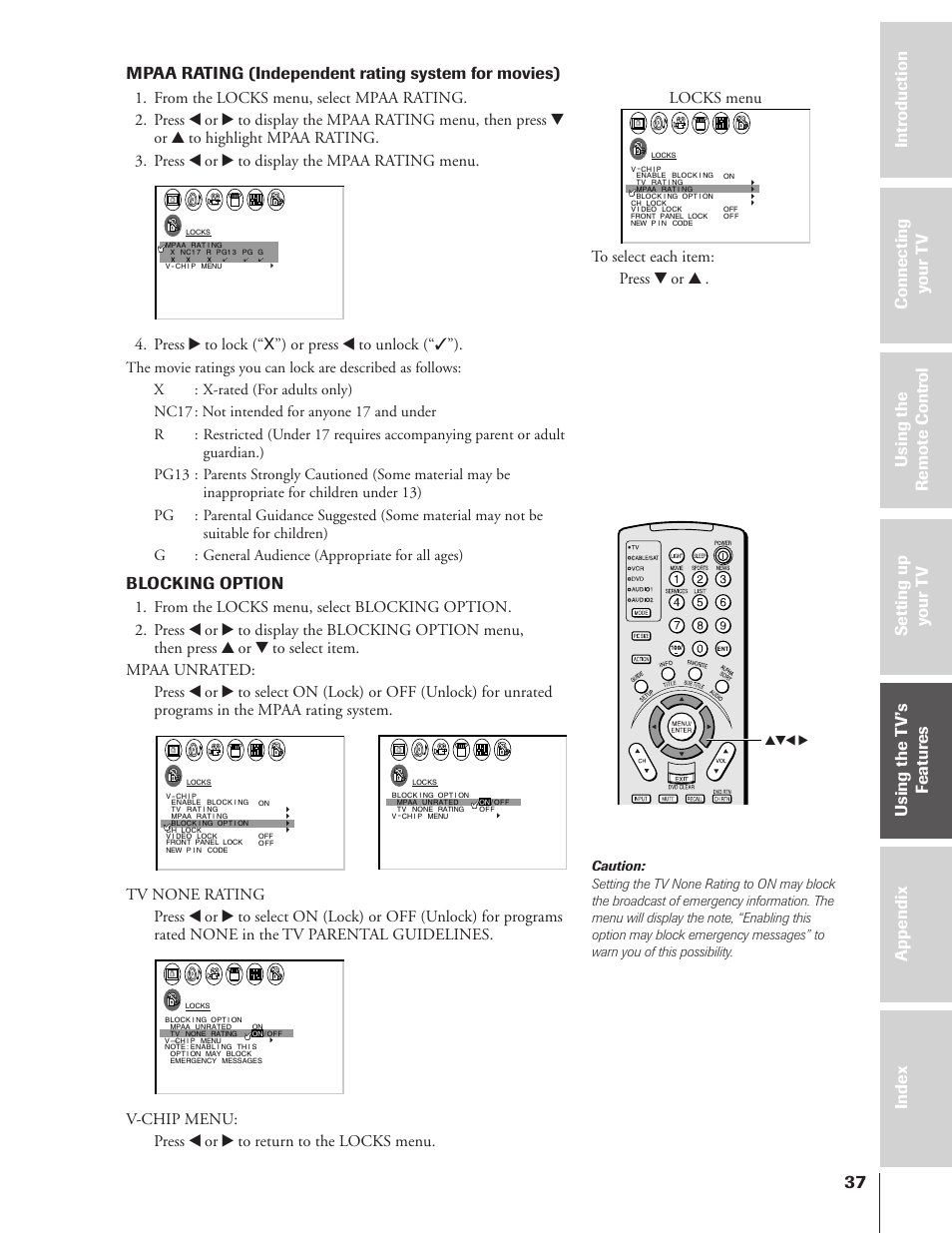 Mpaa rating (independent rating system for movies), Blocking option, Press • to lock (“x”) or press x to unlock (“✓”) | Toshiba 43HX71 User Manual | Page 37 / 56