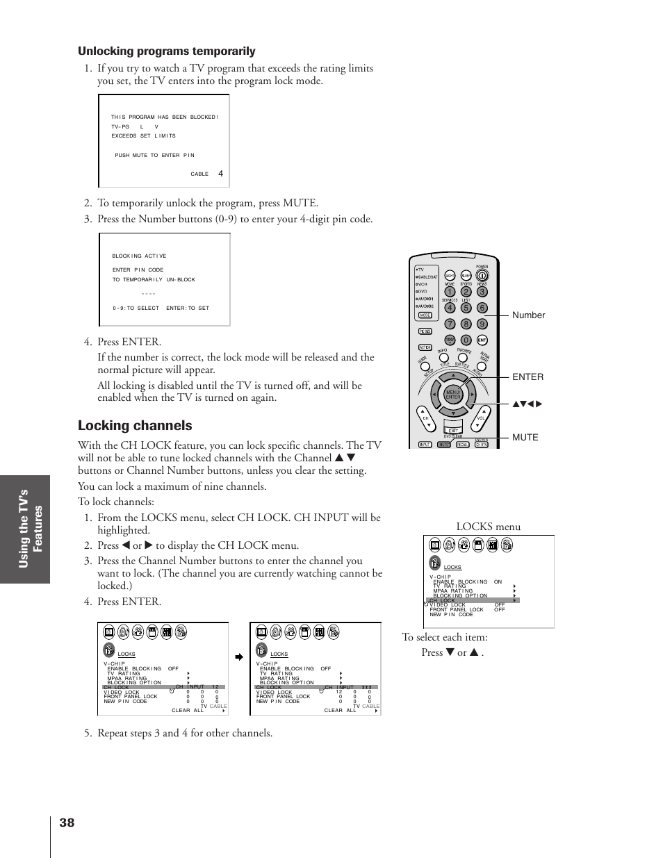 Locking channels, Unlocking programs temporarily, Enter yzx • mute number | Toshiba 43HX71 User Manual | Page 38 / 56