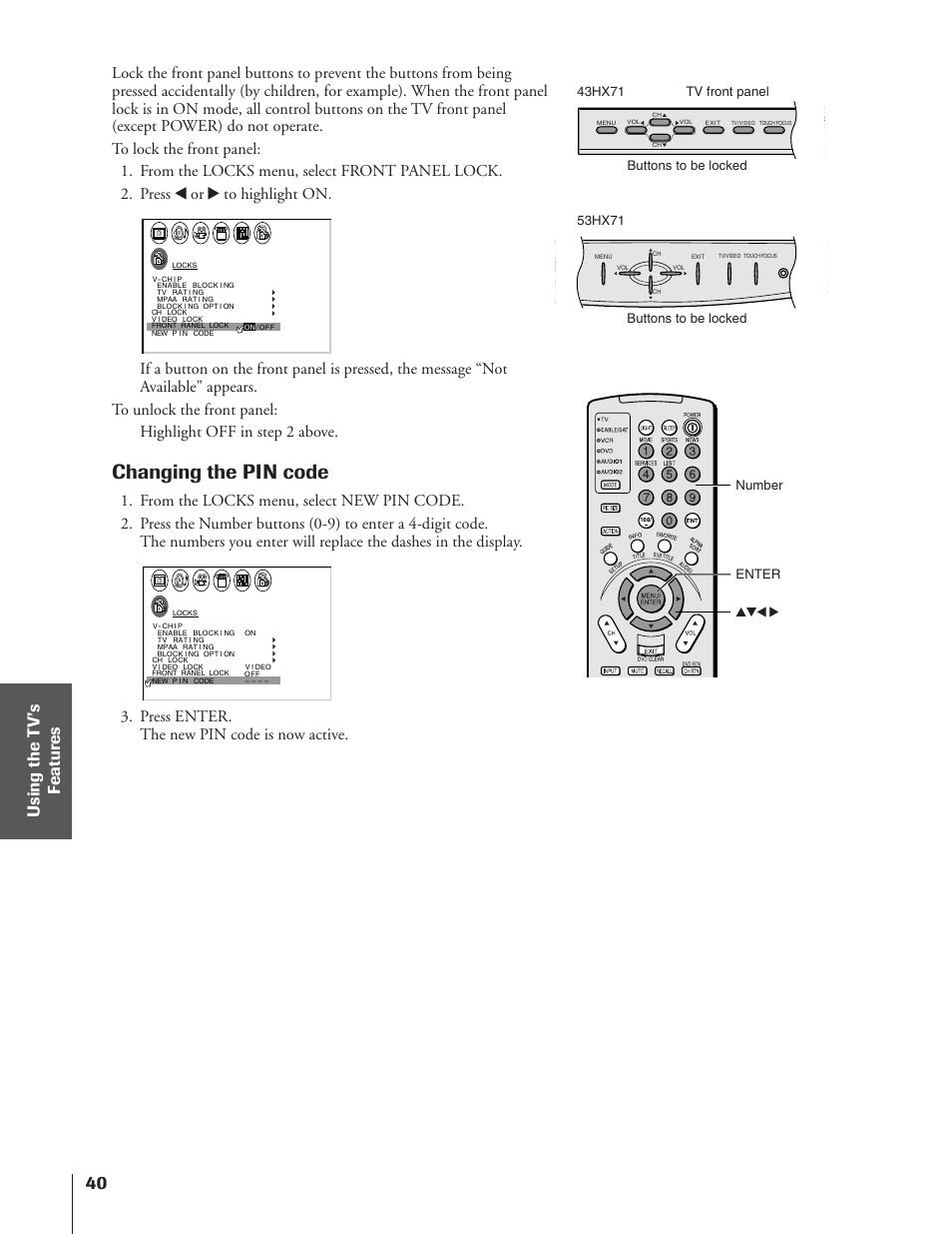 Changing the pin code, Press enter. the new pin code is now active | Toshiba 43HX71 User Manual | Page 40 / 56