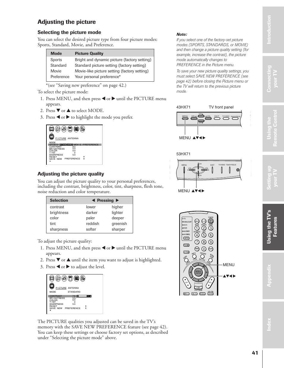 Adjusting the picture, Selecting the picture mode, Adjusting the picture quality | Toshiba 43HX71 User Manual | Page 41 / 56