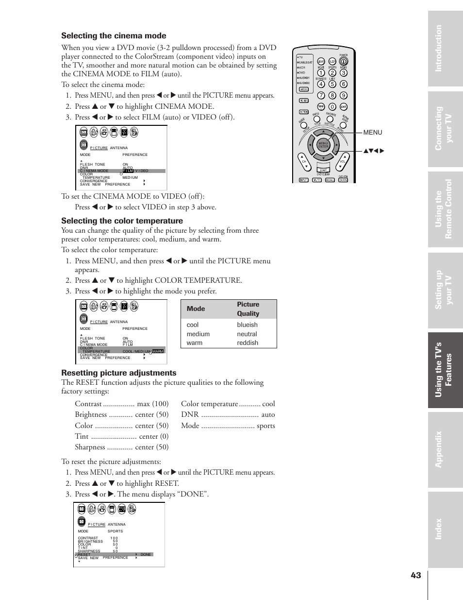 Selecting the cinema mode, Selecting the color temperature, Resetting picture adjustments | Toshiba 43HX71 User Manual | Page 43 / 56