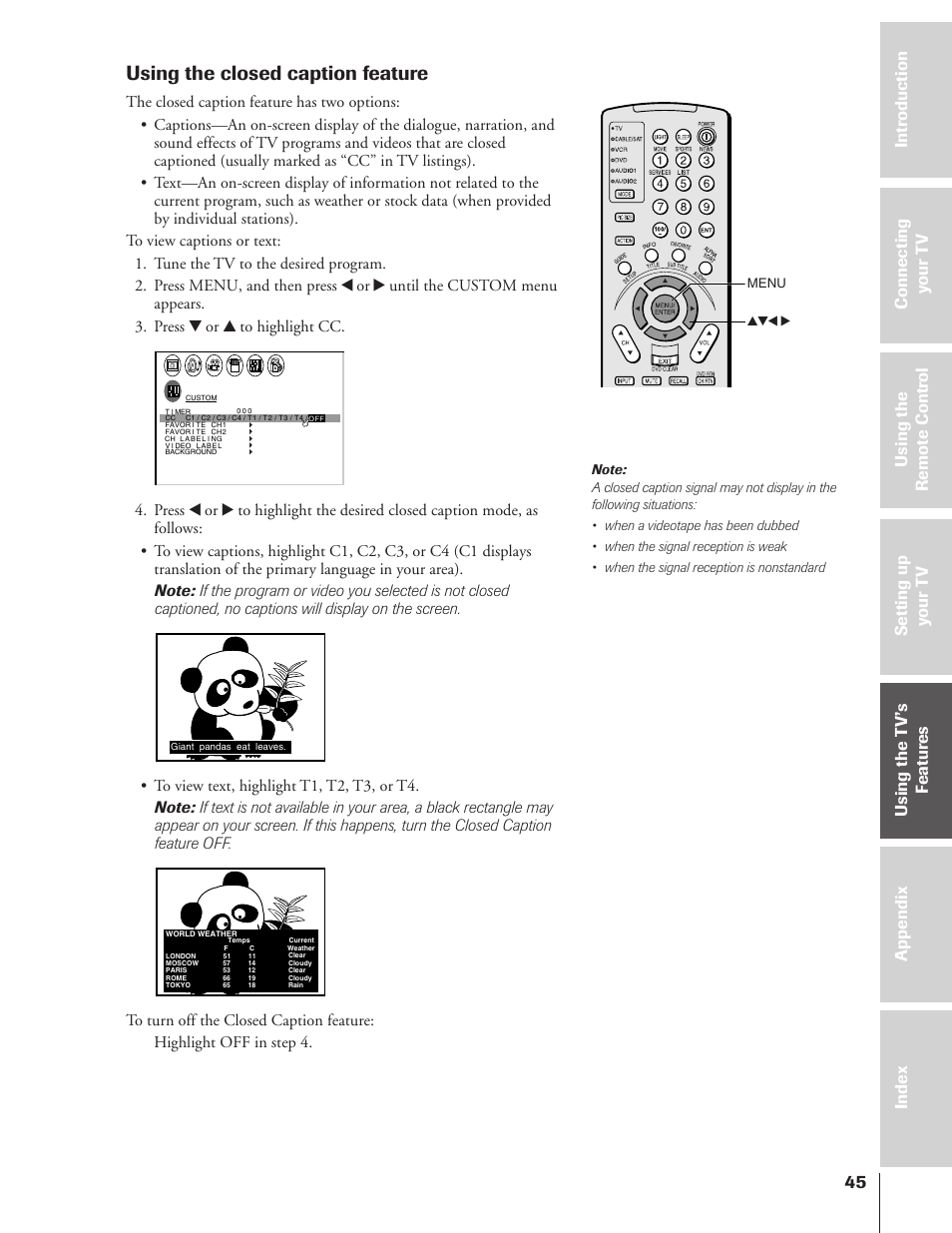 Closed caption, Using the closed caption feature | Toshiba 43HX71 User Manual | Page 45 / 56