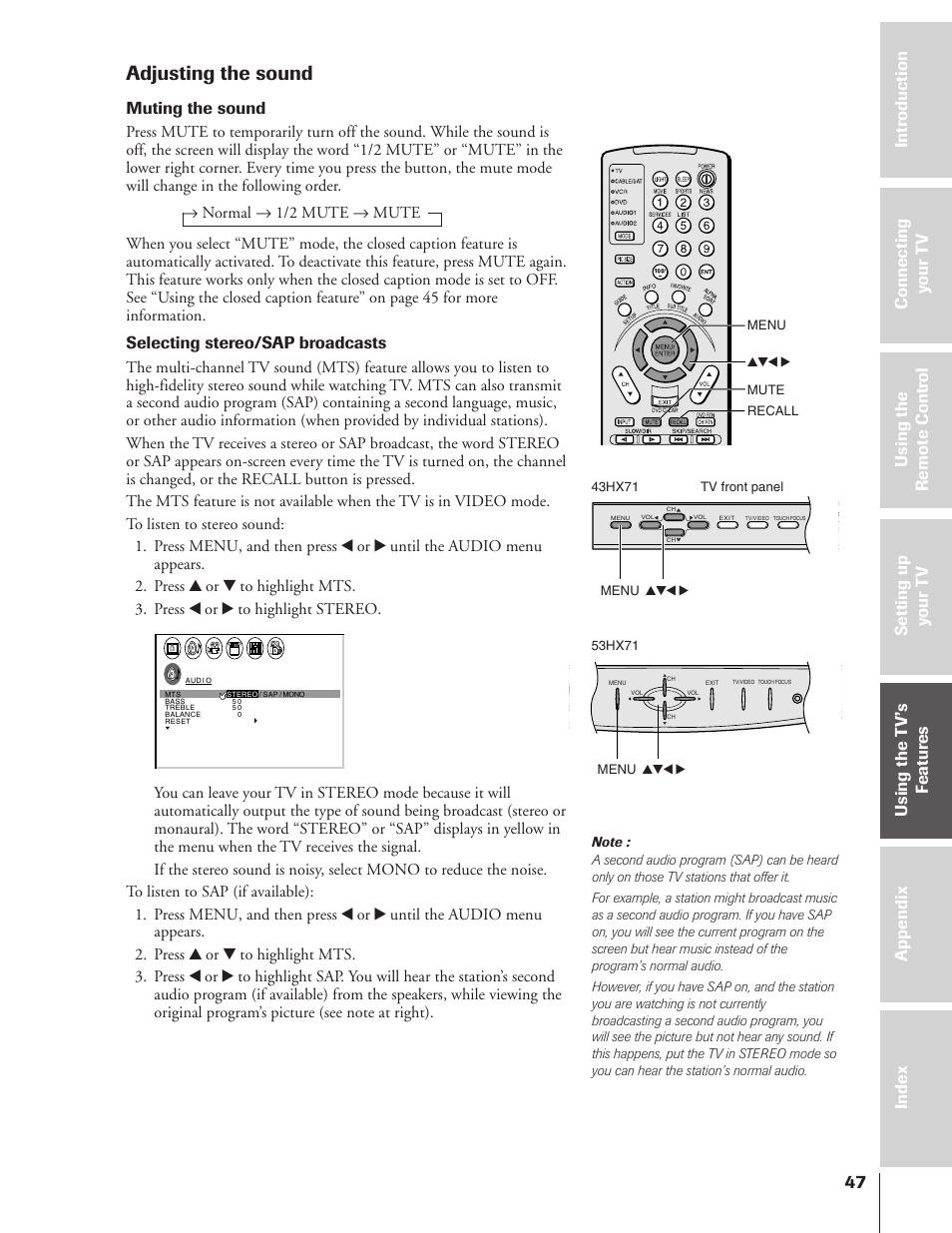 Adjusting the sound, Muting the sound, Selecting stereo/sap broadcasts | Toshiba 43HX71 User Manual | Page 47 / 56