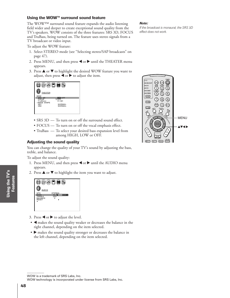 Using the wow™ surround sound feature, Adjusting the sound quality | Toshiba 43HX71 User Manual | Page 48 / 56