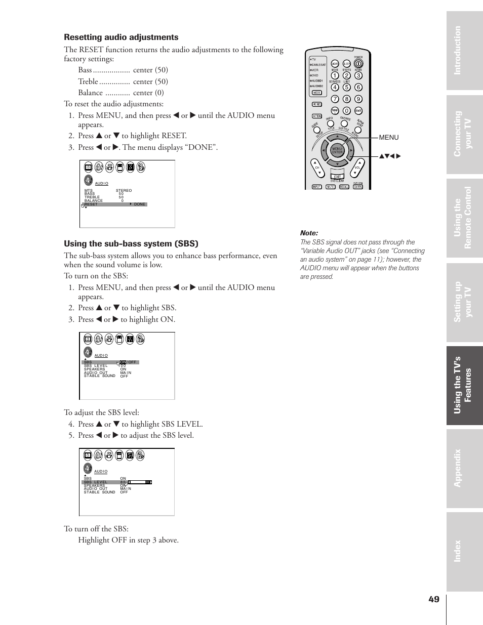 Resetting audio adjustments, Using the sub-bass system (sbs) | Toshiba 43HX71 User Manual | Page 49 / 56