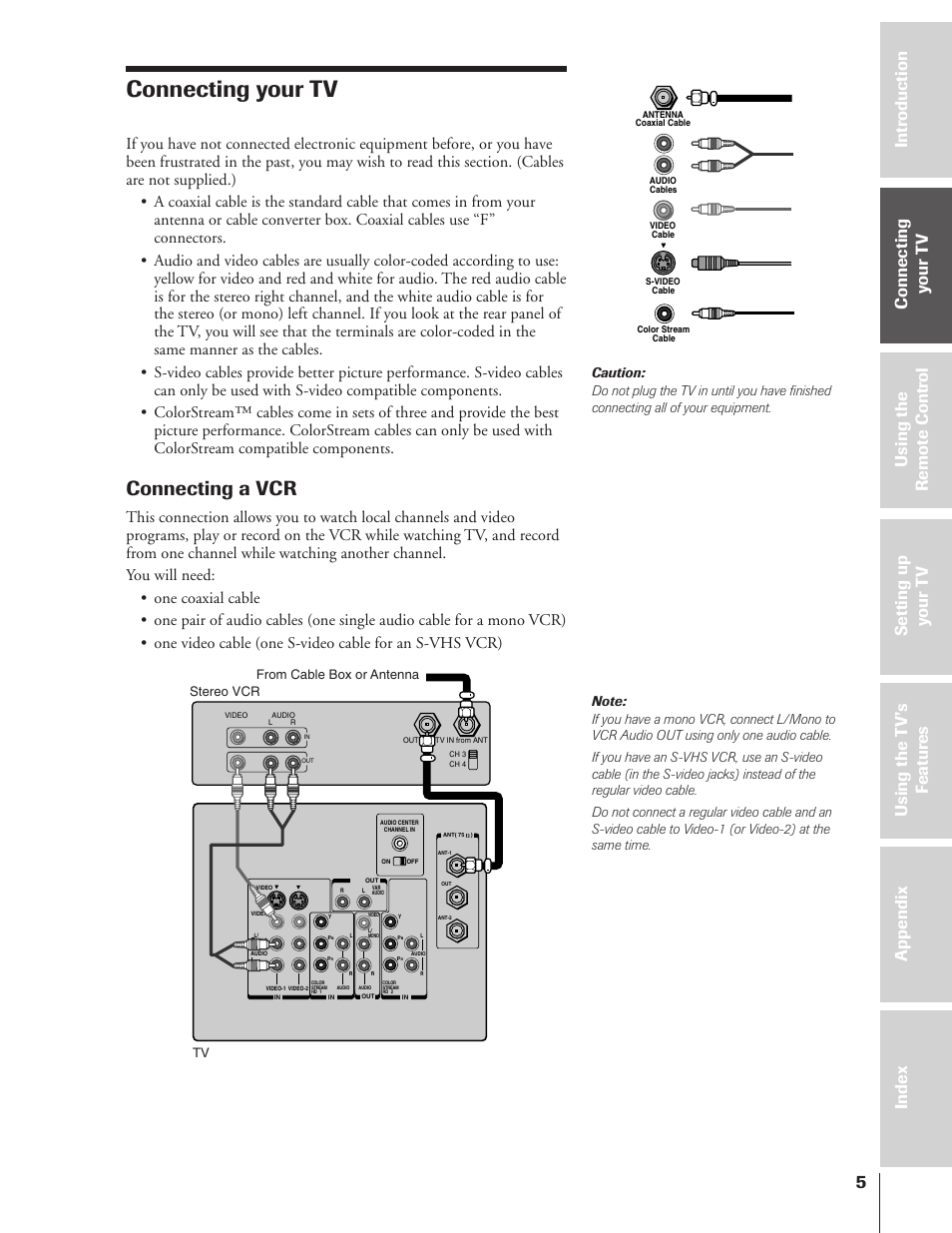 Connecting your tv, Connecting a vcr | Toshiba 43HX71 User Manual | Page 5 / 56