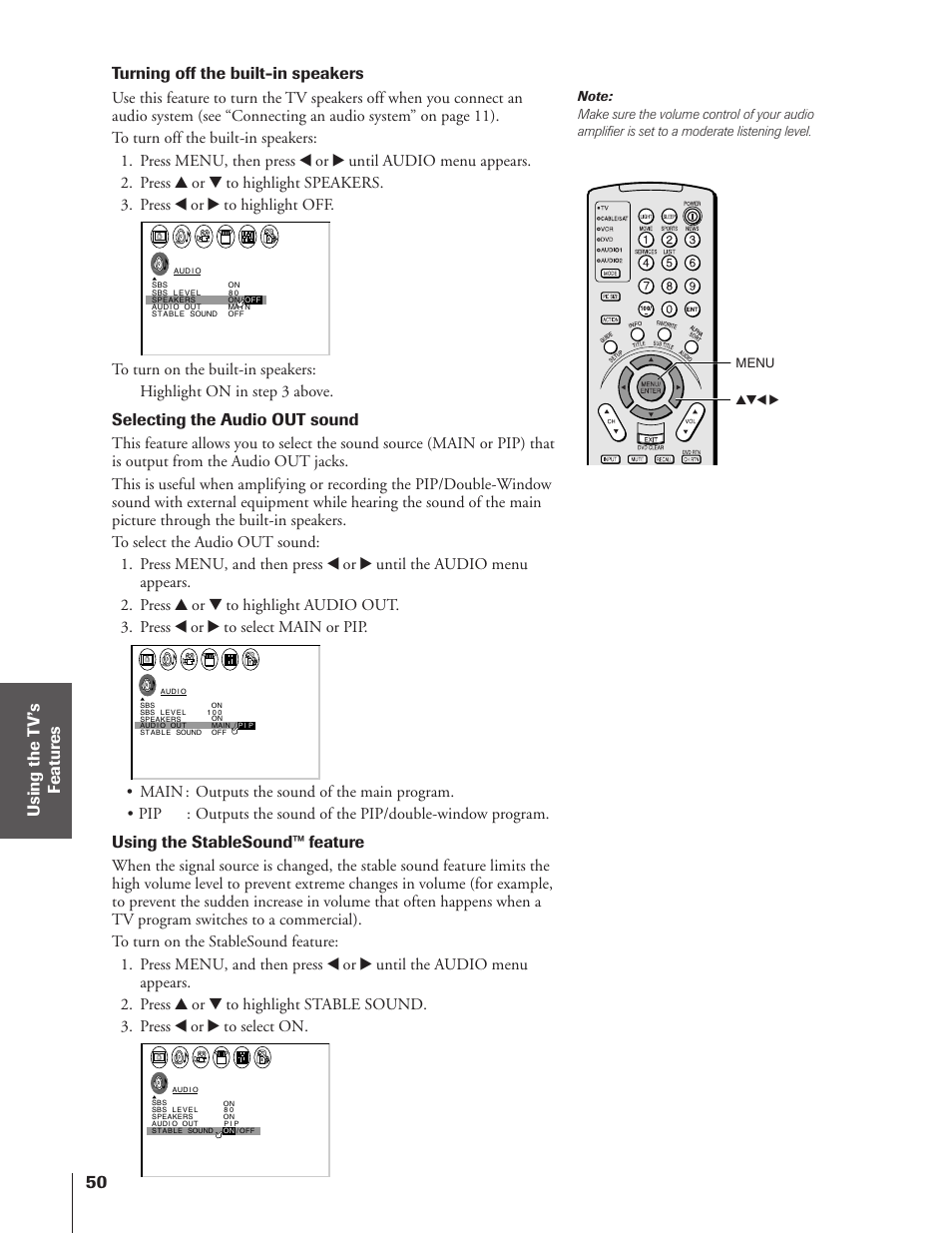 Turning off the built-in speakers, Selecting the audio out sound, Using the stablesound™ feature | Toshiba 43HX71 User Manual | Page 50 / 56
