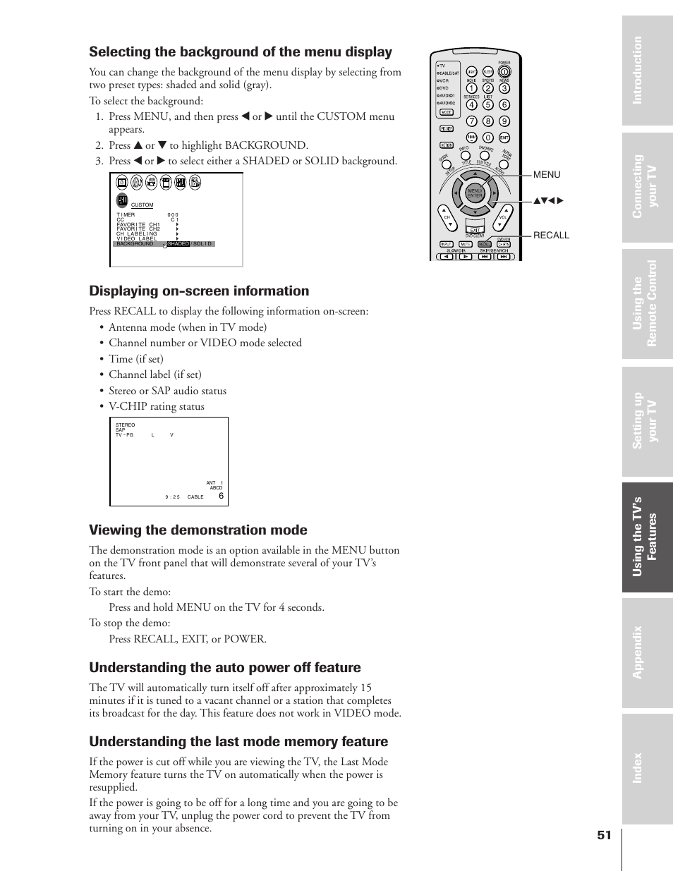 Understanding the last mode memory feature, Selecting the background of the menu display, Displaying on-screen information | Viewing the demonstration mode, Understanding the auto power off feature | Toshiba 43HX71 User Manual | Page 51 / 56