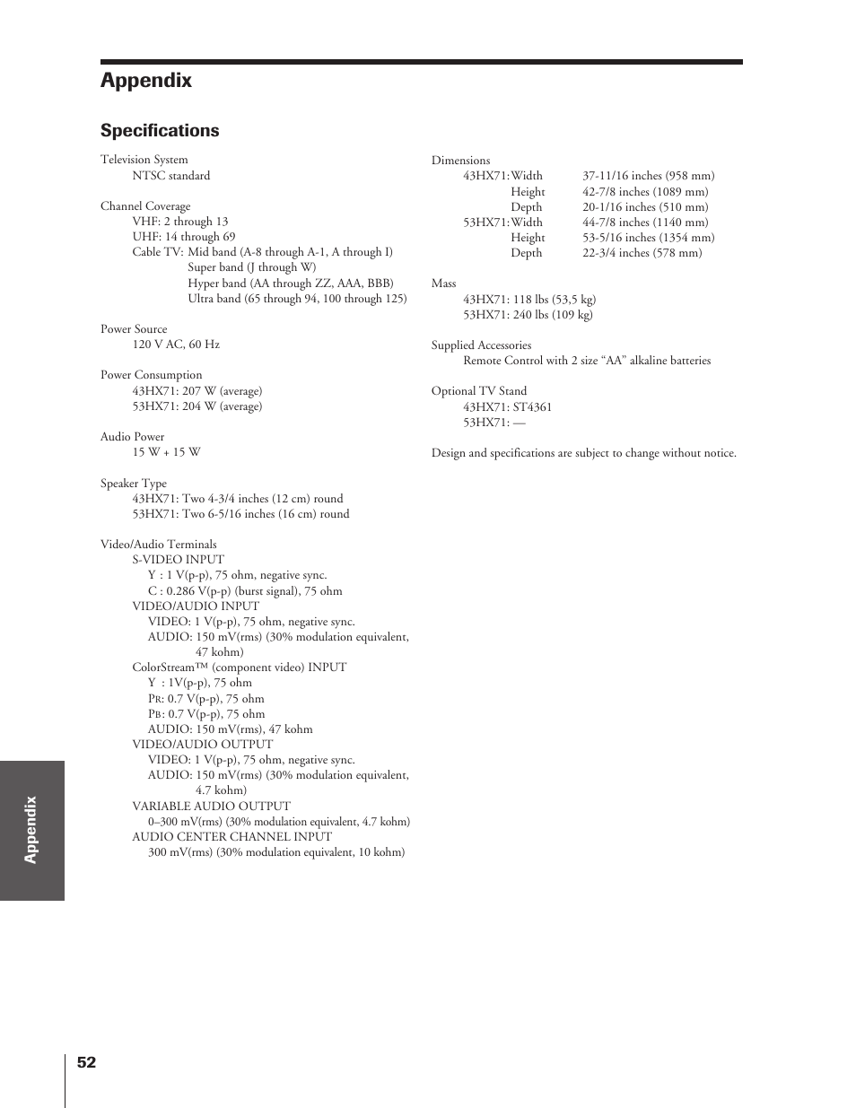 Appendix, Specifications | Toshiba 43HX71 User Manual | Page 52 / 56