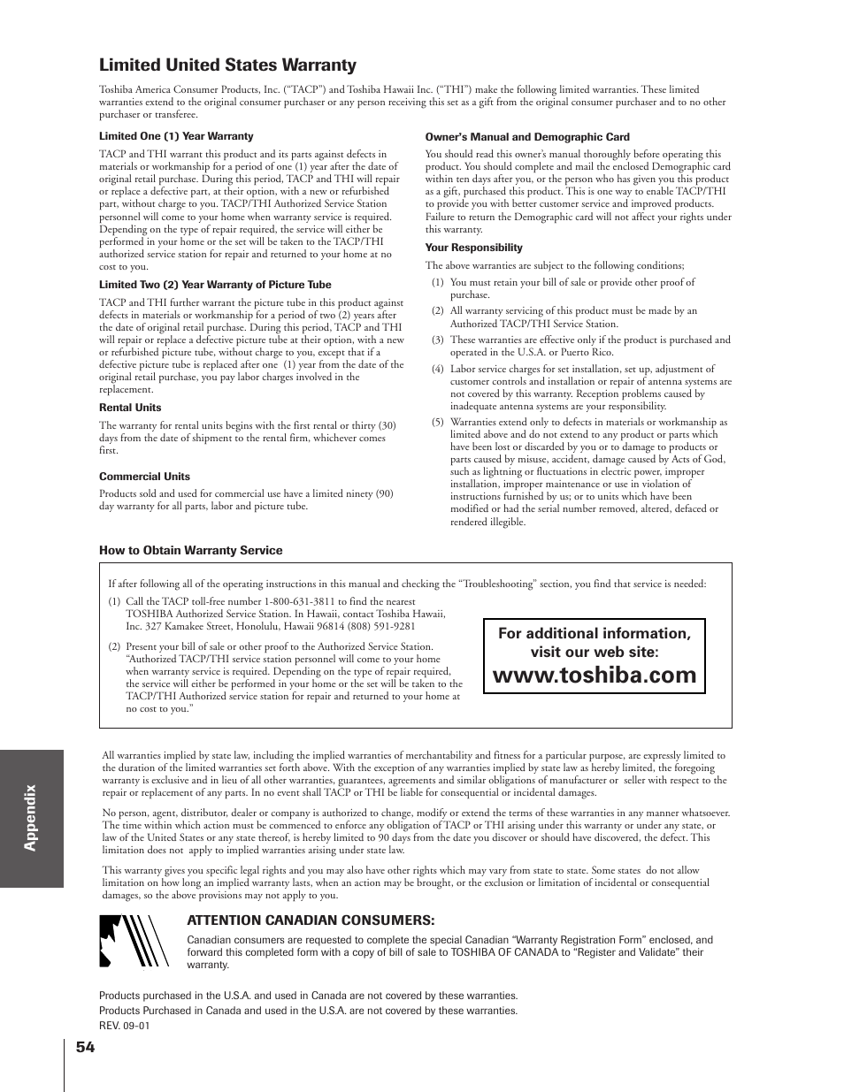 Limited warranty, Limited united states warranty | Toshiba 43HX71 User Manual | Page 54 / 56